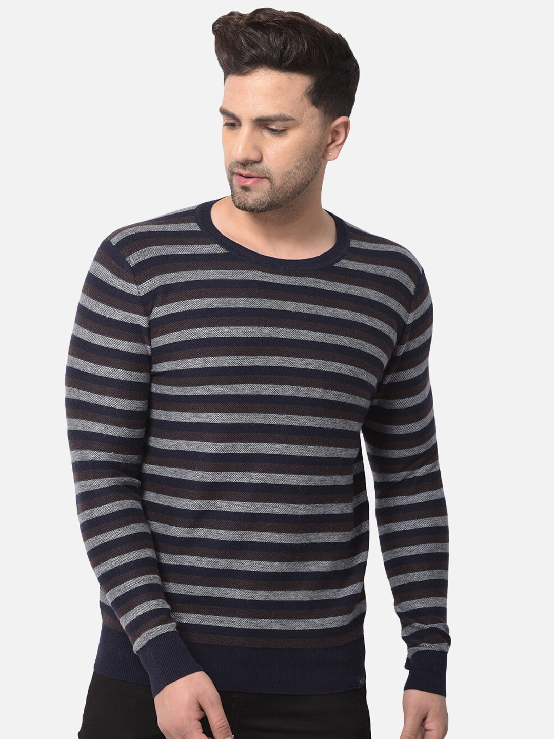 

Woods Men Navy Blue & Grey Striped Pullover