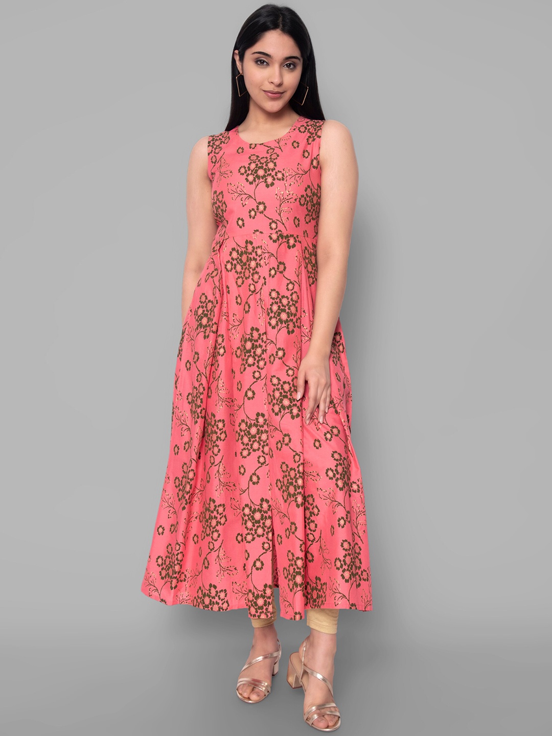 

KALINI Women Peach-Coloured & Olive Green Floral Printed A-line Kurta