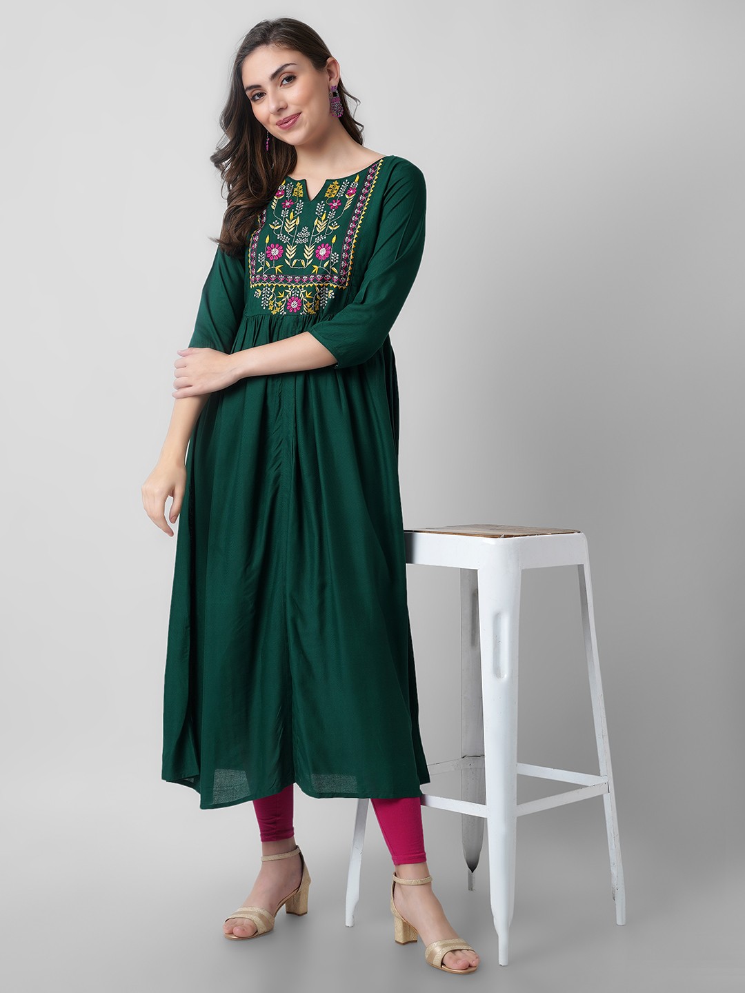 

KALINI Women Green Floral Embroidered A-Line Kurta