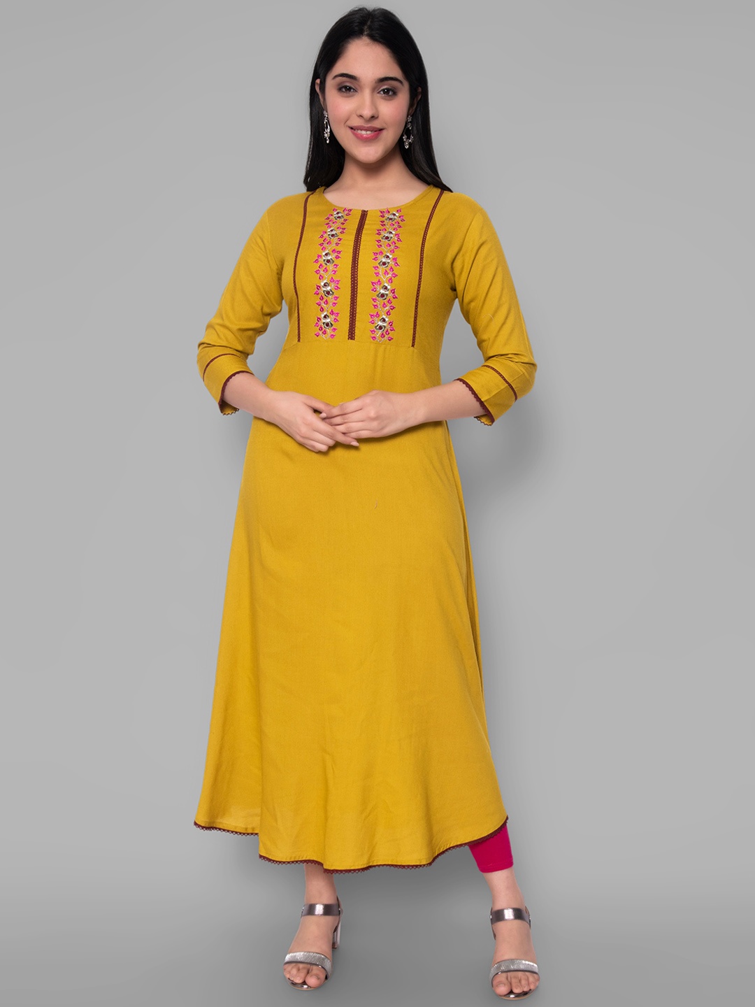 

KALINI Women Mustard Yellow Floral Embroidered Handloom Kurta