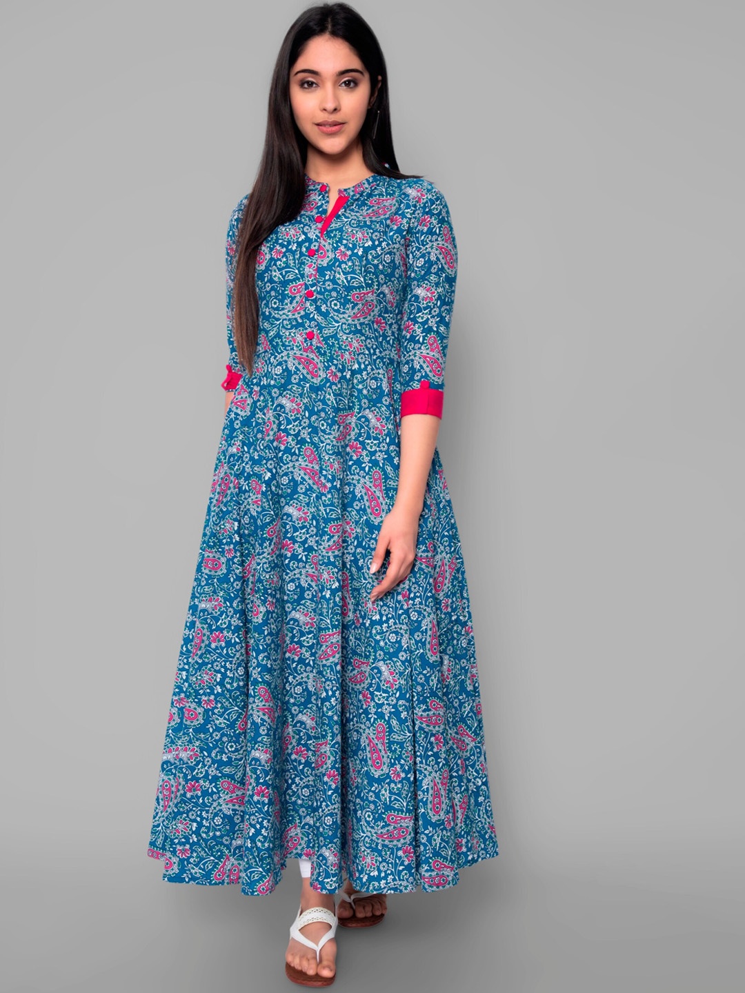 

KALINI Women Blue Floral Printed Thread Work Handloom Anarkali Kurta