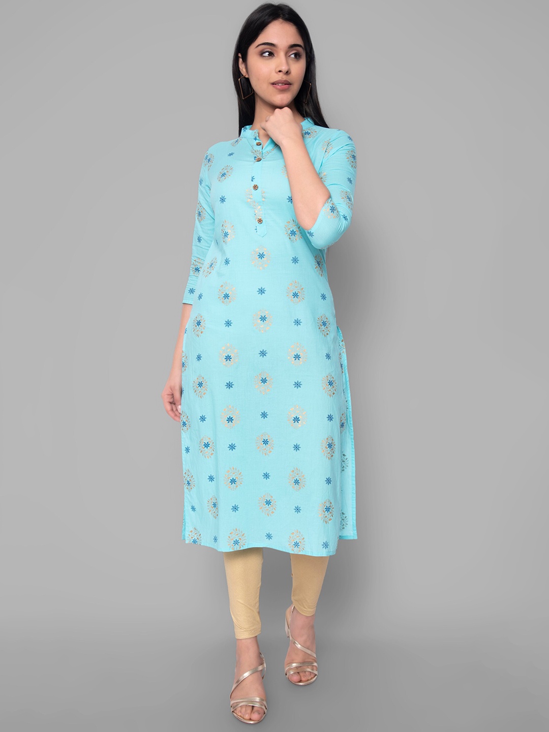 

KALINI Women Sea Green & Blue Floral Printed Cotton Straight Kurta