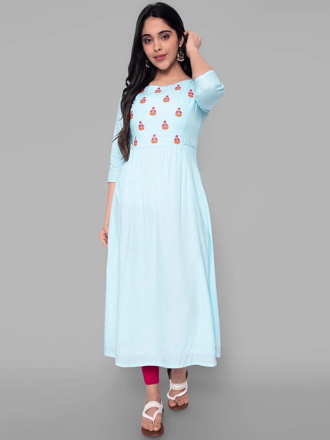

KALINI Women Turquoise Blue Ethnic Motifs Yoke Design Handloom Kurta