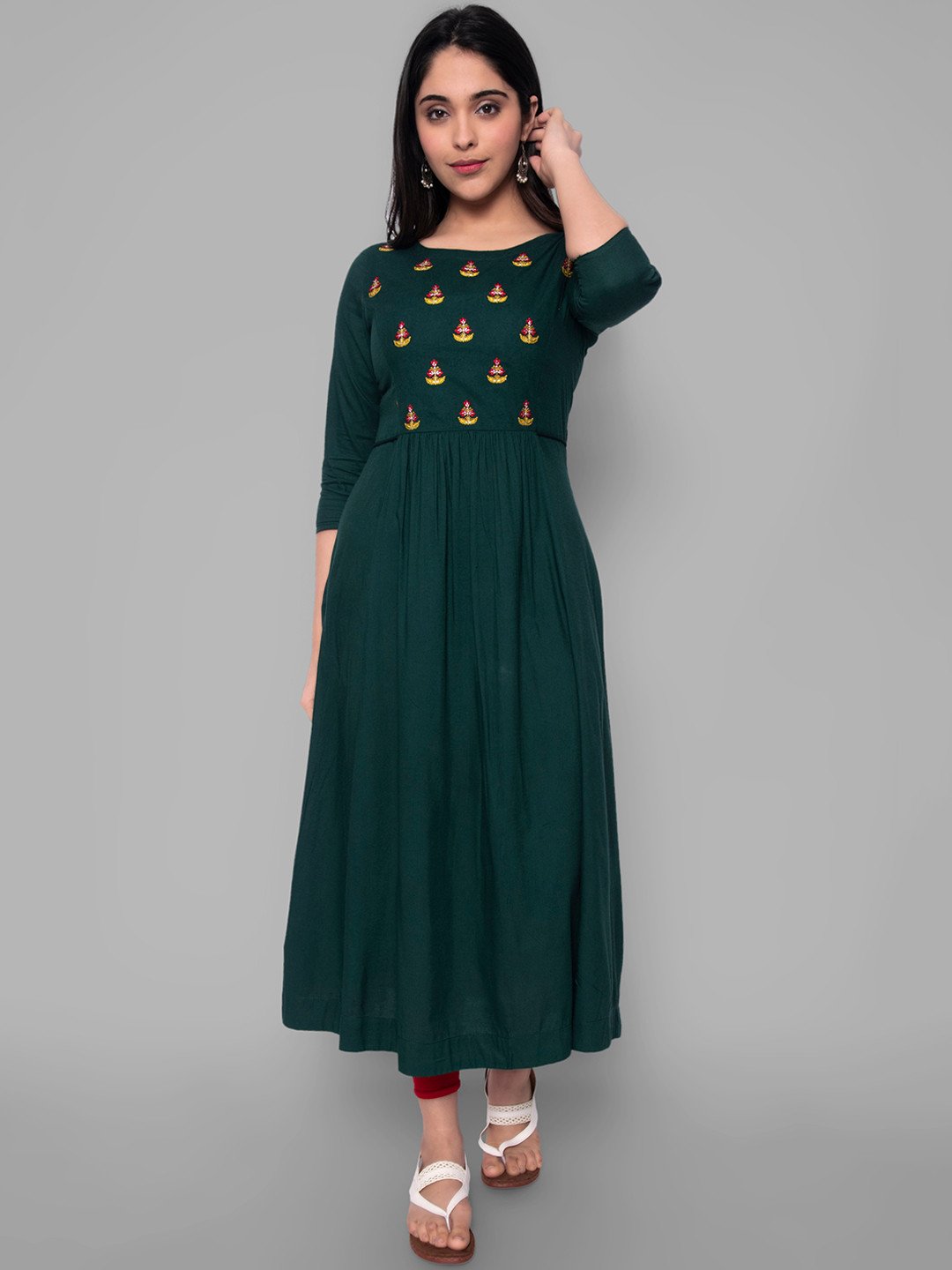 

KALINI Women Green Floral Yoke Design Thread Work Floral Anarkali Kurta