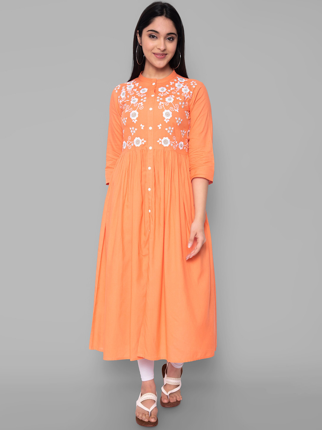 

KALINI Women Orange Floral Embroidered Handloom Kurta