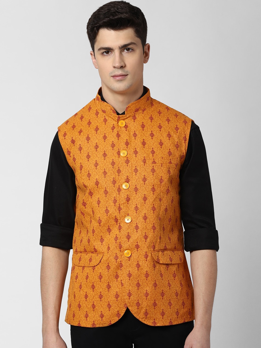 

Peter England Elite Men Yellow Printed Nehru Jacket