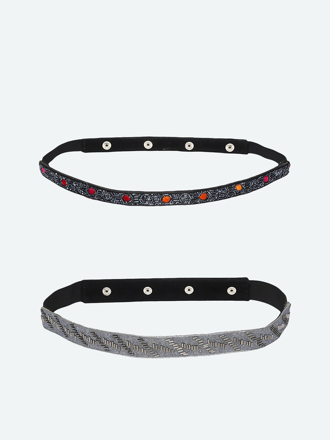 

DEEBACO Women Set Of 2 Grey & Black Embellished Beaded Belts