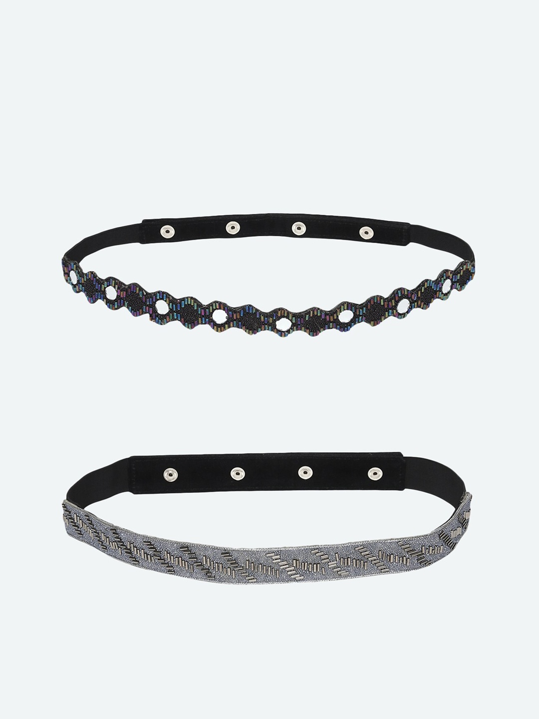 

DEEBACO Women Set Of 2 Grey & Black Embellished PU Belt