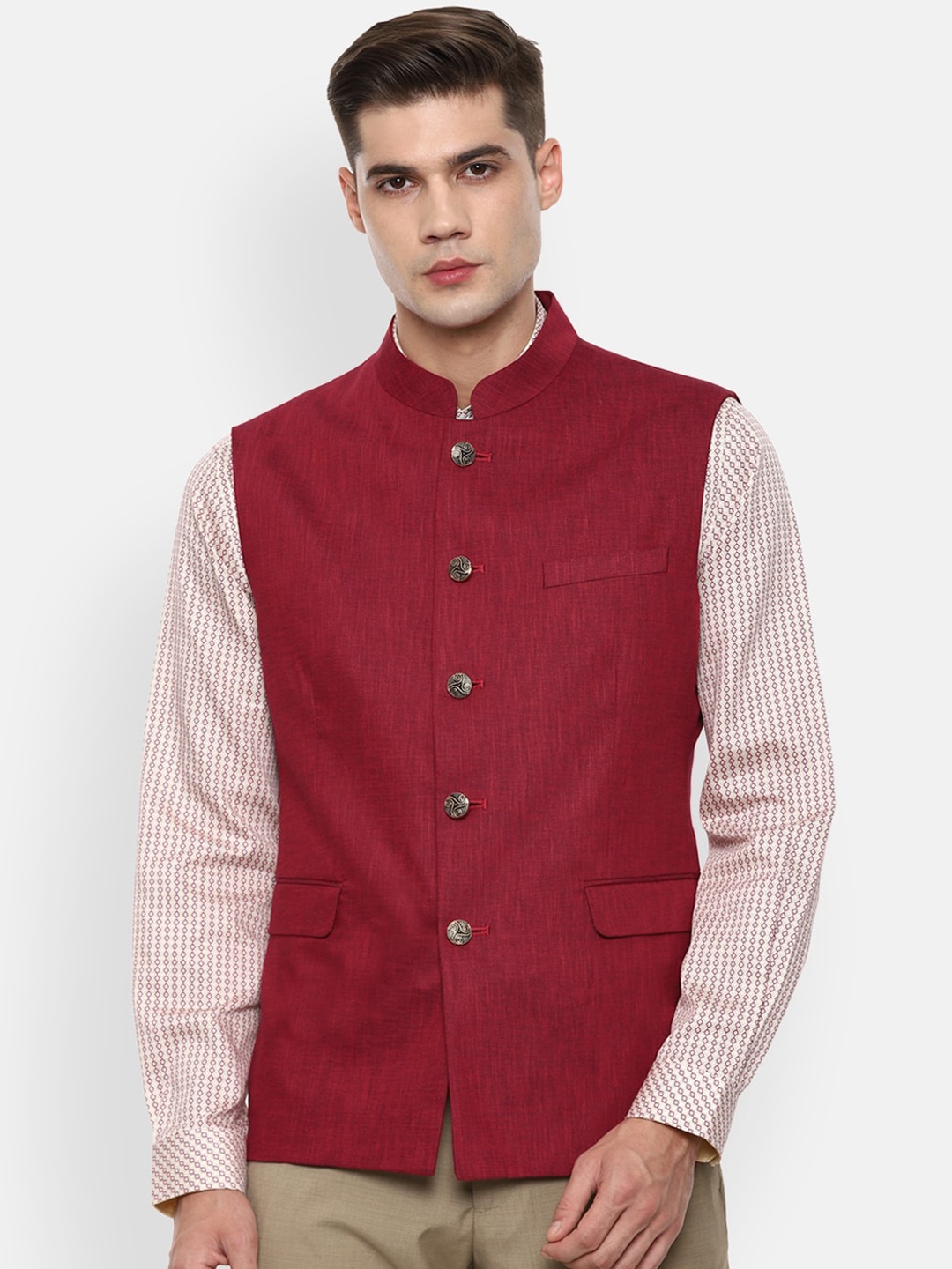 

Van Heusen Men Maroon Woven Design Nehru Jacket