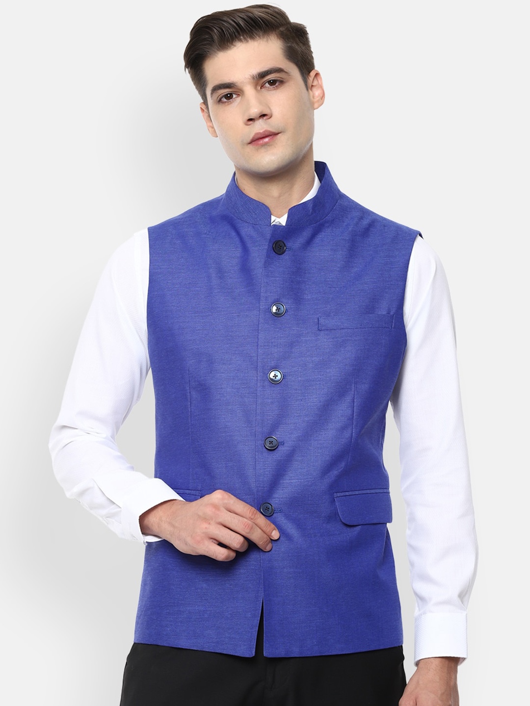 

Van Heusen Men Blue Woven-Design Nehru Jacket