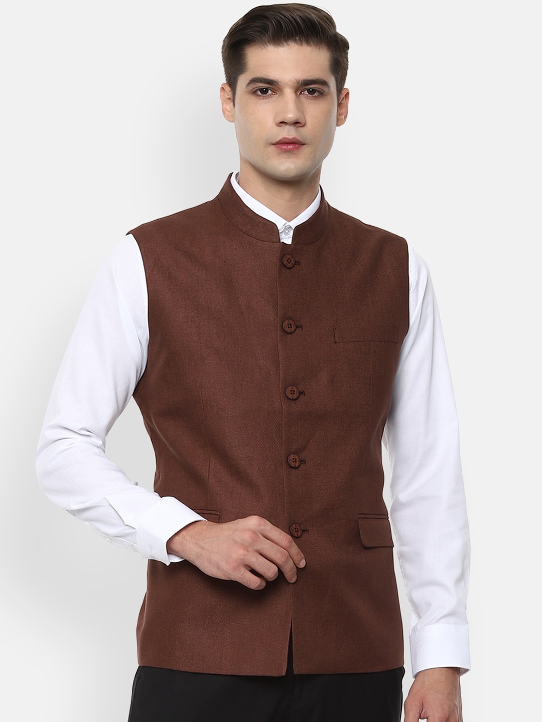 

Van Heusen Men Brown Solid Woven Nehru Jacket