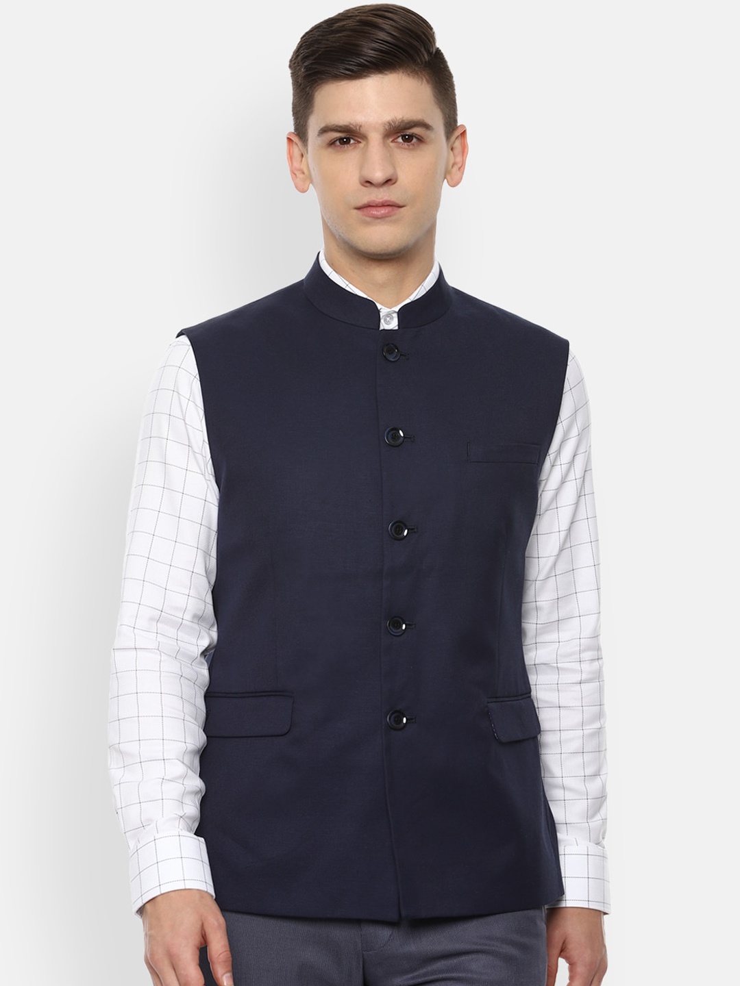 

Van Heusen Men Navy Blue Solid Woven Nehru Jacket