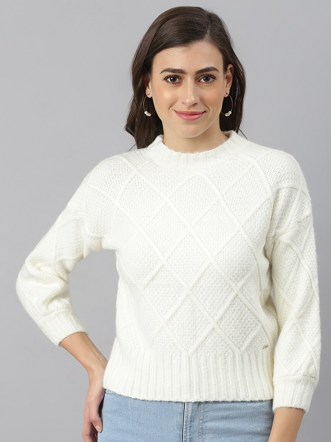 

Xpose Women White Cable Knit Self Design Pullover