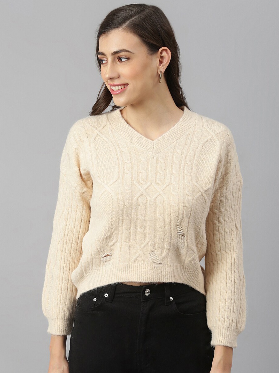 

Xpose Women Cream-Coloured Cable Knit Crop Pullover