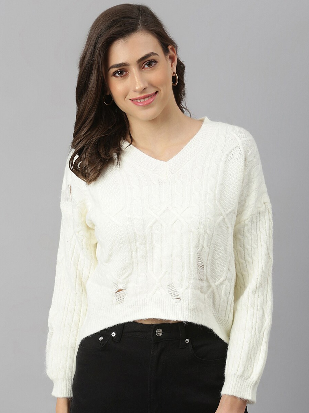 

Xpose Women White Cable Knit Crop Pullover