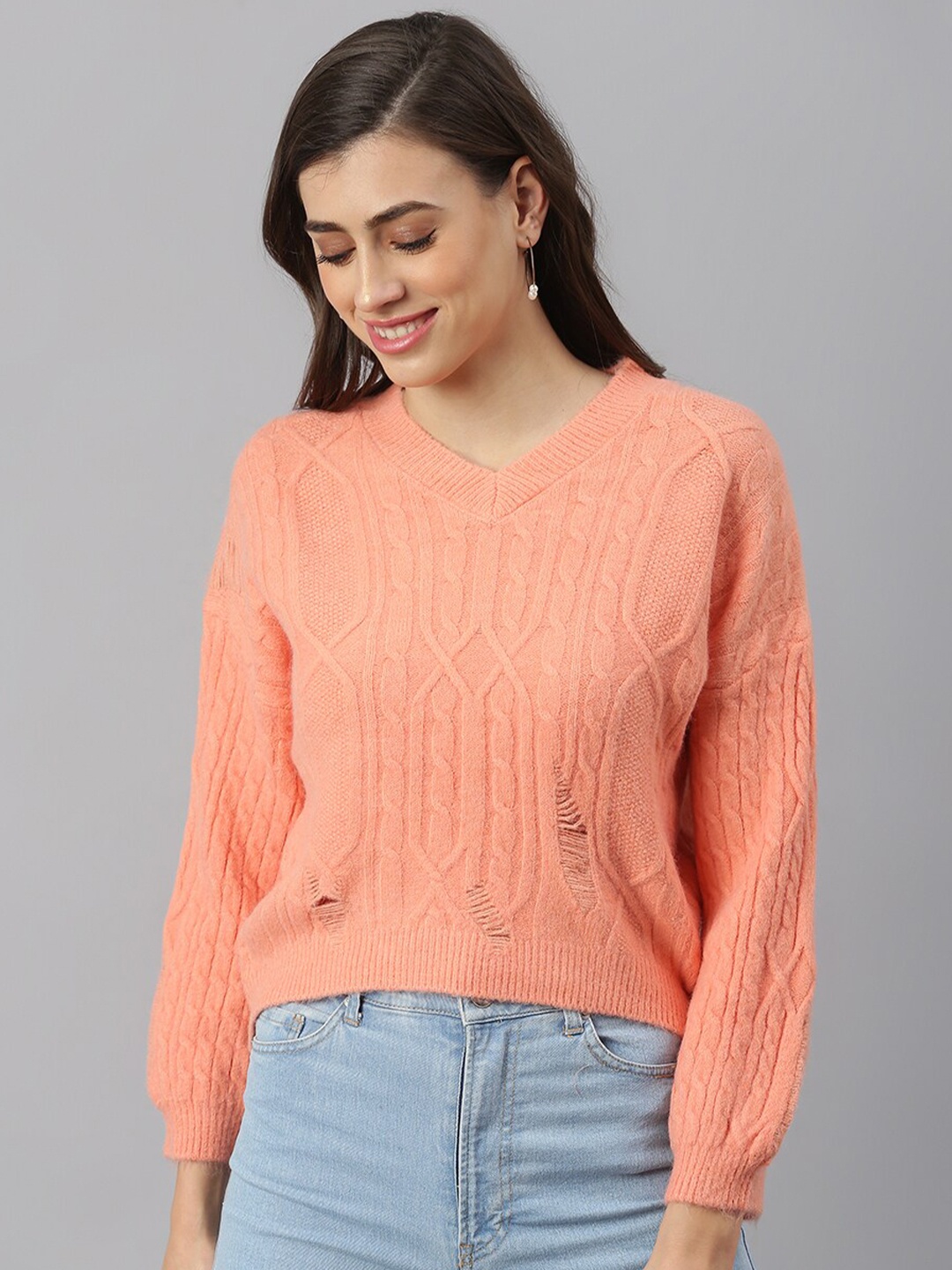 

Xpose Women Orange Cable Knit Crop Pullover