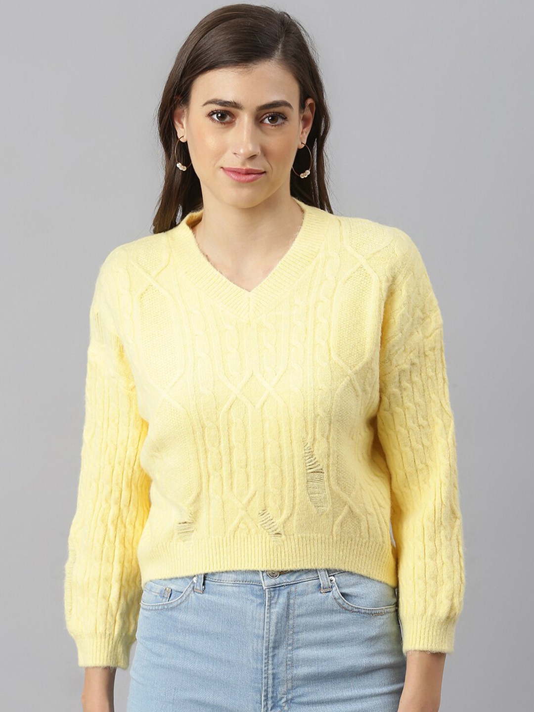 

Xpose Women Yellow Cable Knit Crop Pullover
