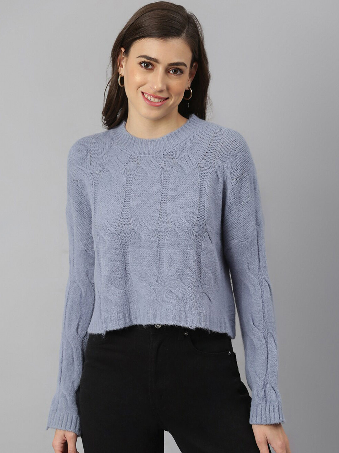 

Xpose Women Blue Cable Knit Ribbed Crop Pullover