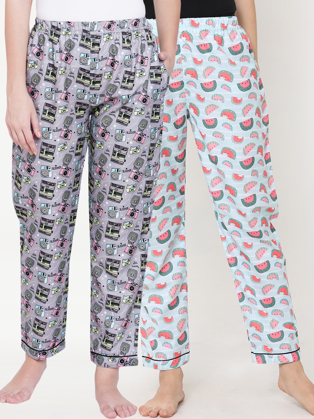 

FashionRack Women Pack Of 2 Blue & Grey Printed Cotton Lounge Pants