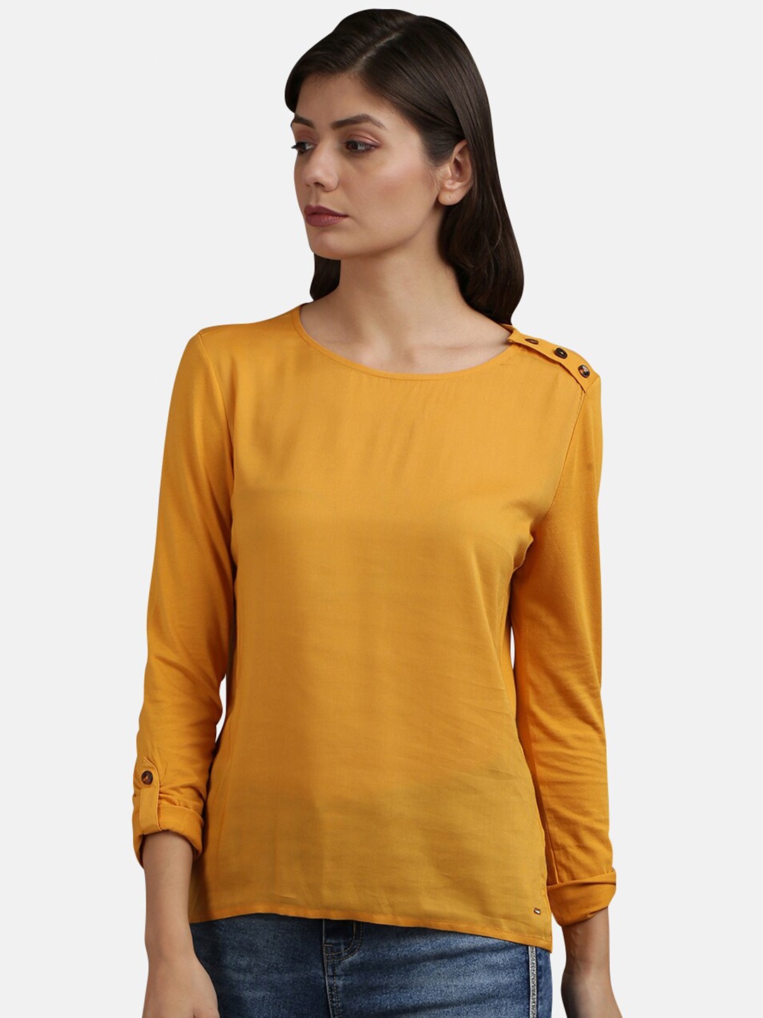 

UrGear Yellow Solid Roll-Up Sleeves Regular Top