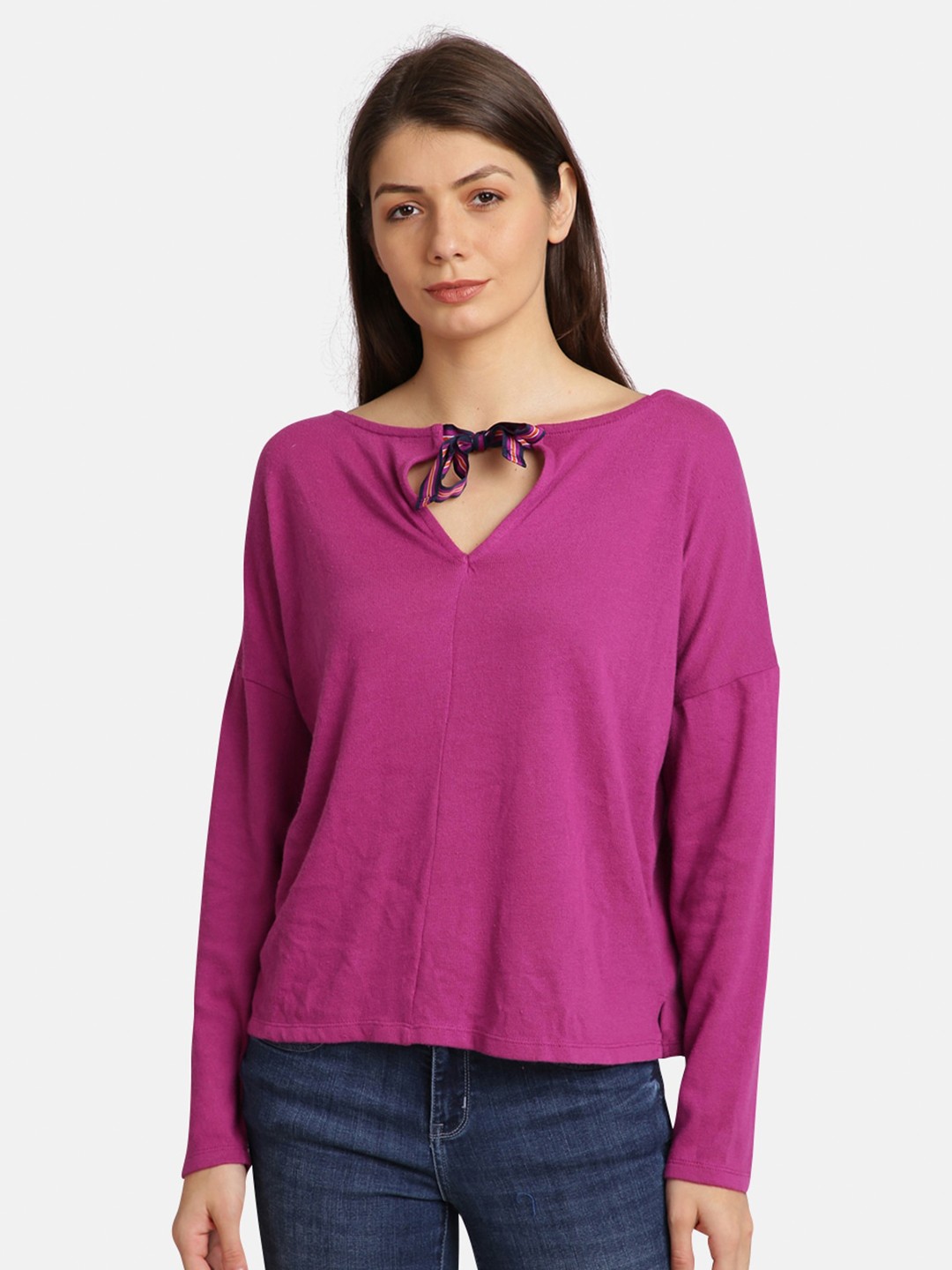 

UrGear Women Purple Solid Tie-Up Neck Round Neck Top