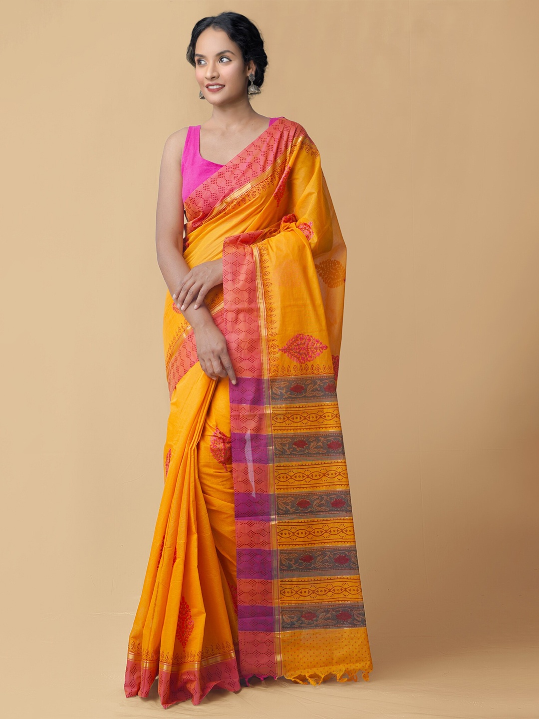 

Unnati Silks Orange & Pink Embroidered Pure Cotton Mangalagiri Saree