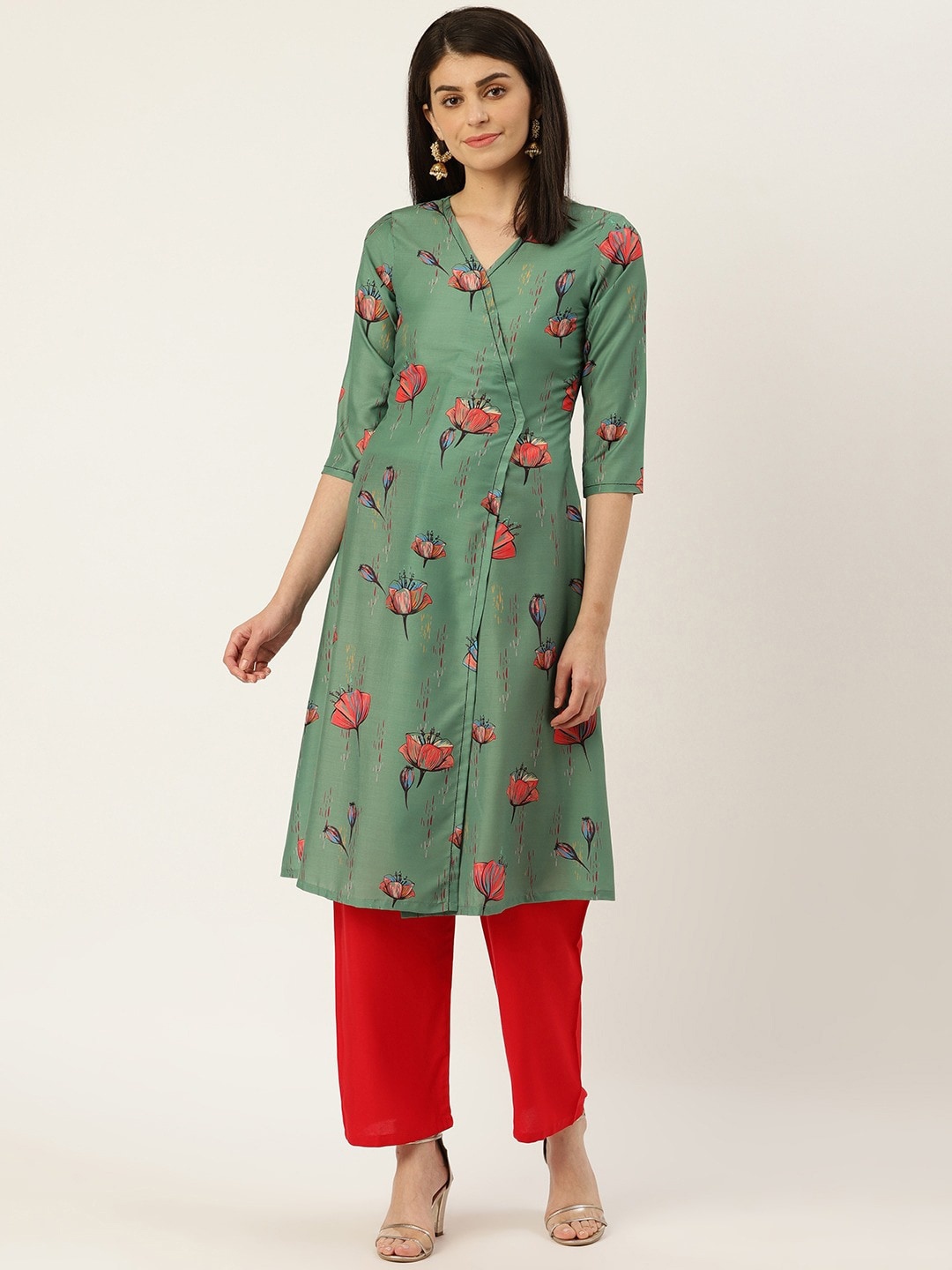 Sangria Women Green Floral Angrakha Kurta
