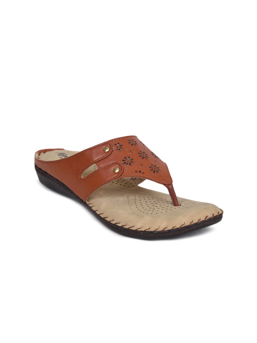 

Ajanta Women Brown T-Strap Flats with Laser Cuts