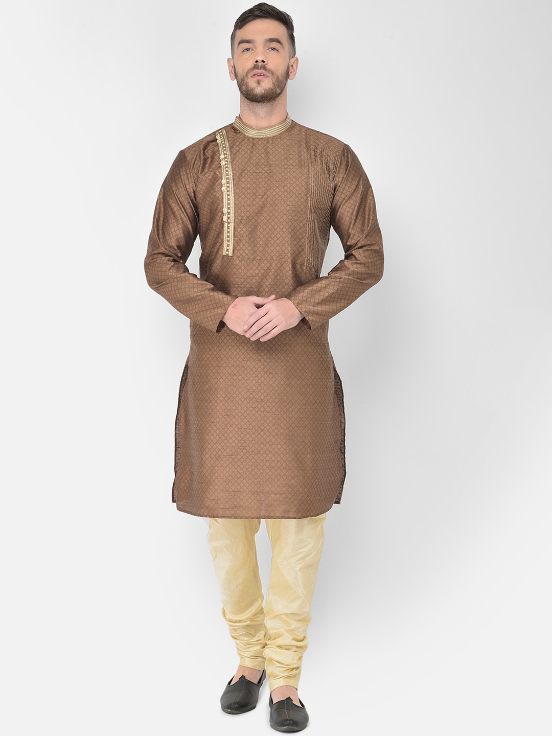 

SG LEMAN Men Brown Thread Work Raw Silk Kurta With Churidar