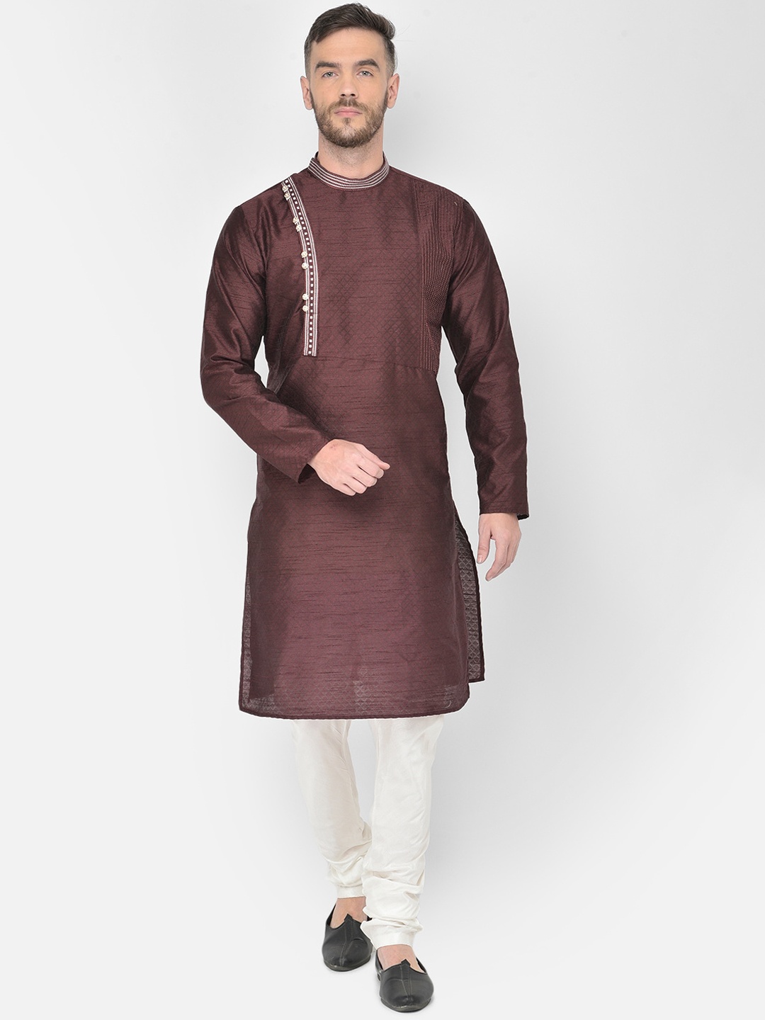 

SG LEMAN Men Coffee Brown Yoke Design Thread Work Raw Silk Kurta with Churidar