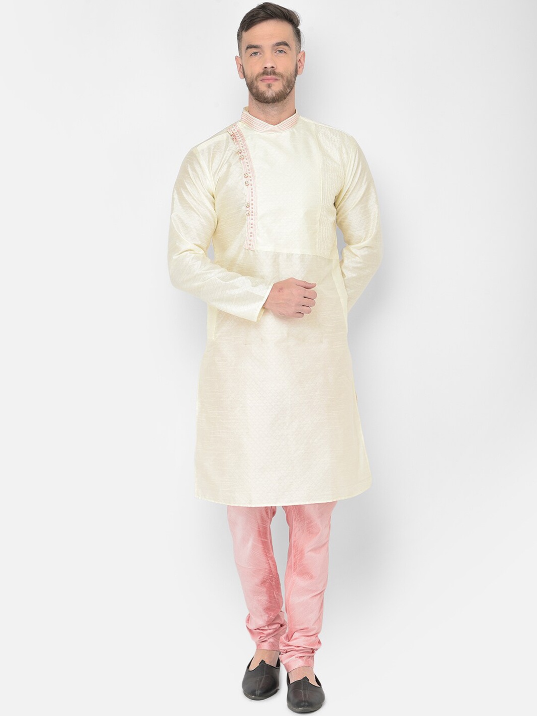 

SG LEMAN Men Cream-Coloured Thread Work Raw Silk Kurta with Churidar