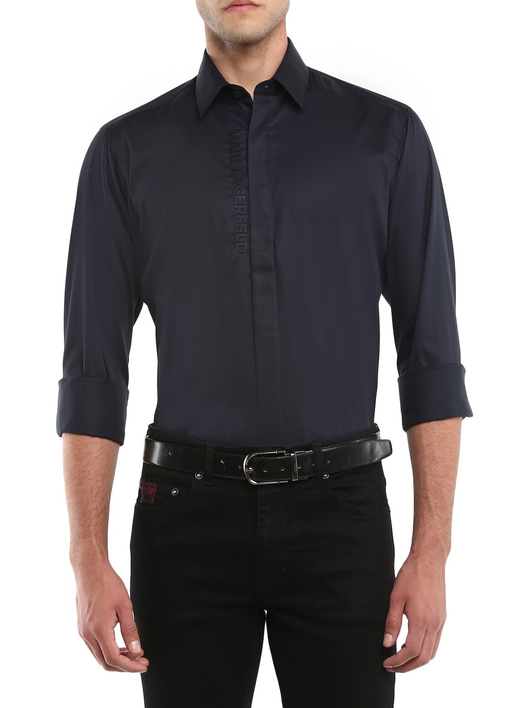 

Karl Lagerfeld Men Navy Blue Solid Casual Shirt