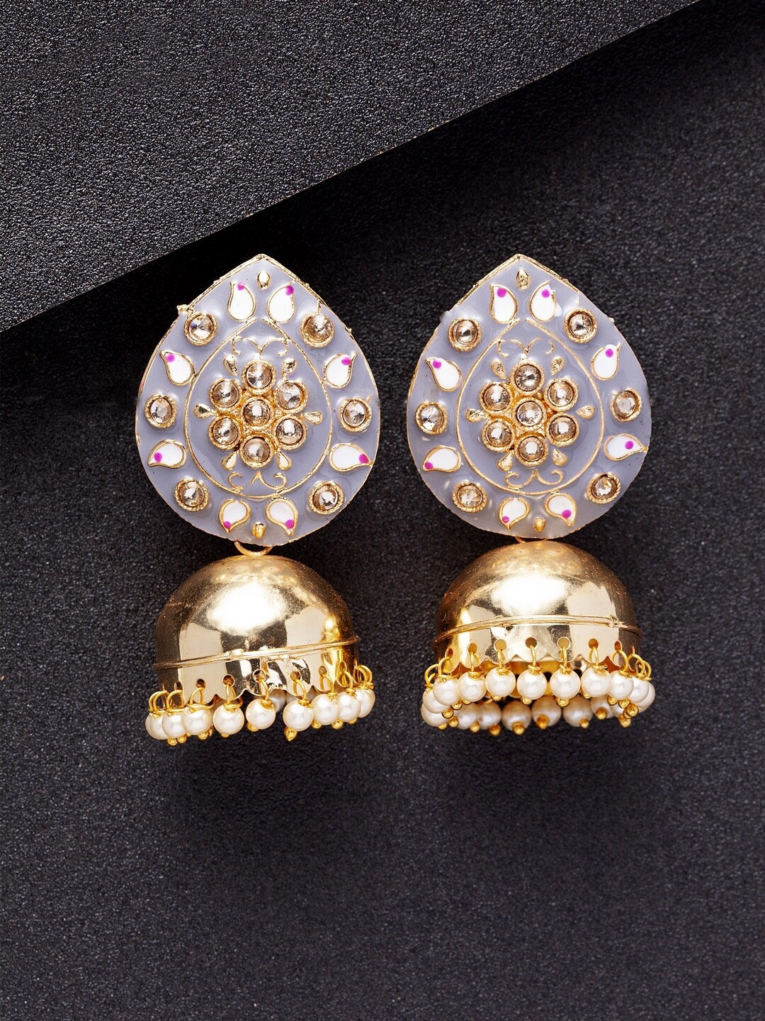 

Shining Diva Grey & Gold-Toned Dome Shaped Jhumkas Earrings