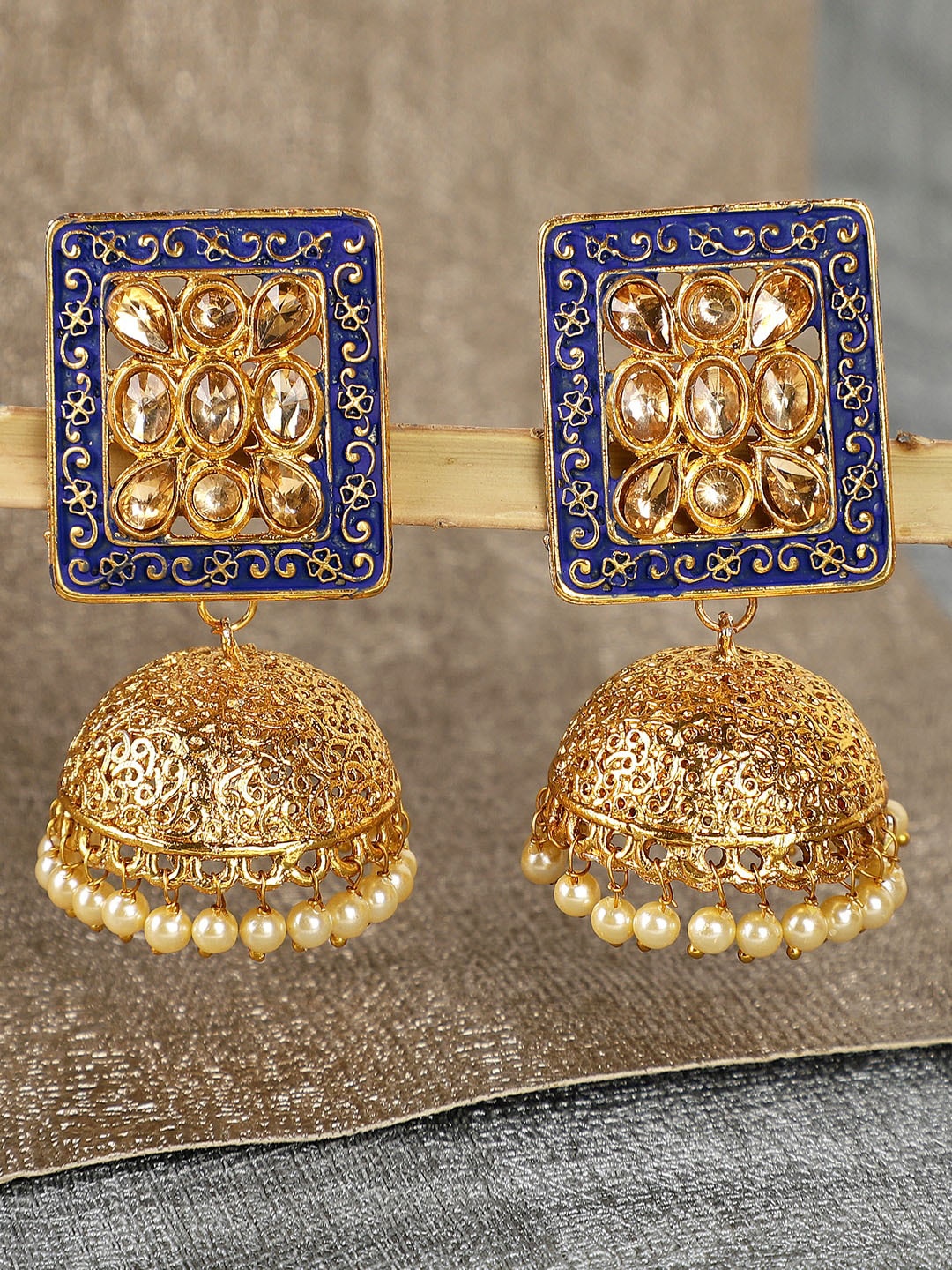 

Shining Diva Blue & Gold-Toned Square Jhumkas Earrings