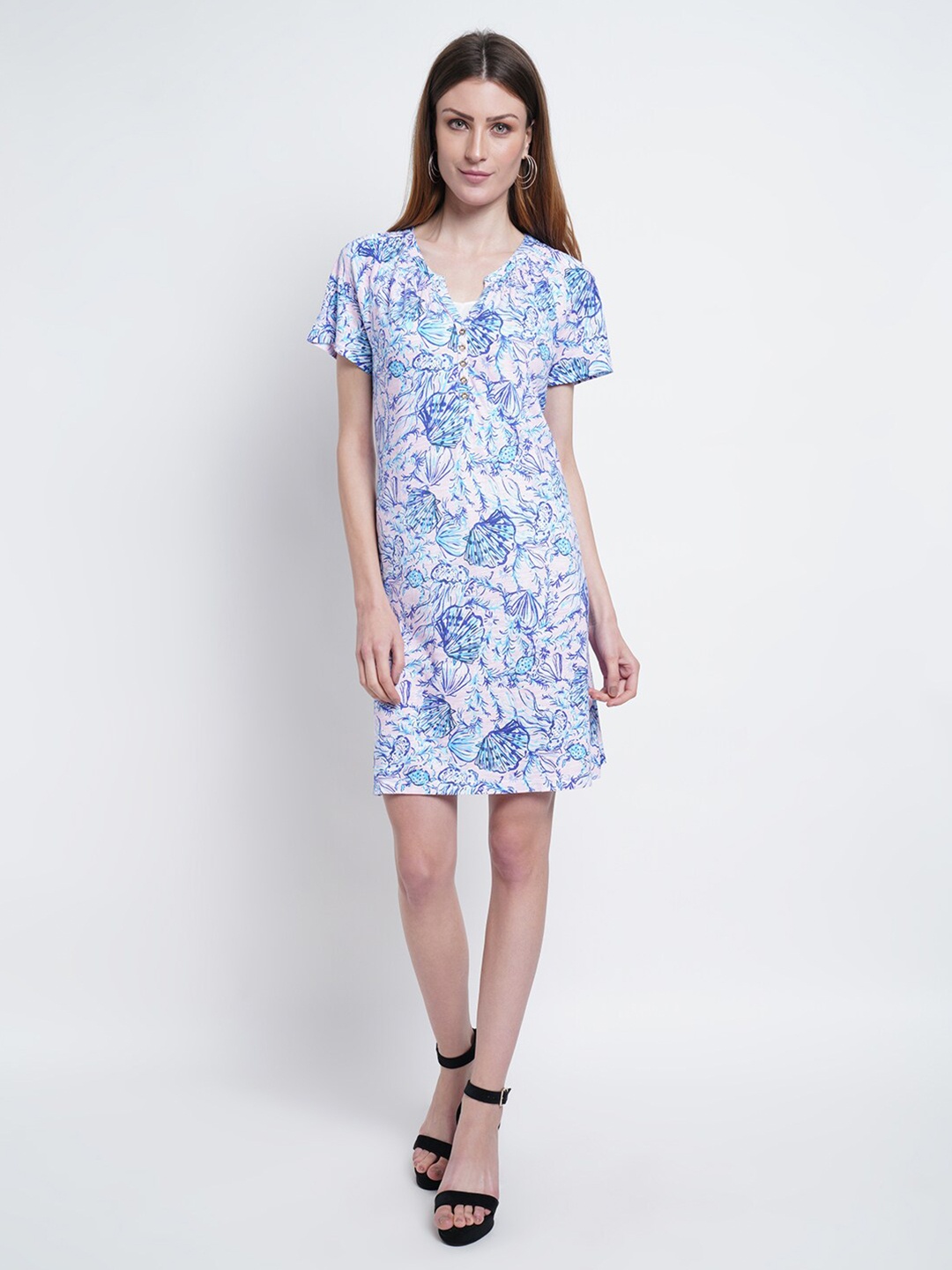 

Purple State Women White & Pink Floral V-neck Sheath Dress