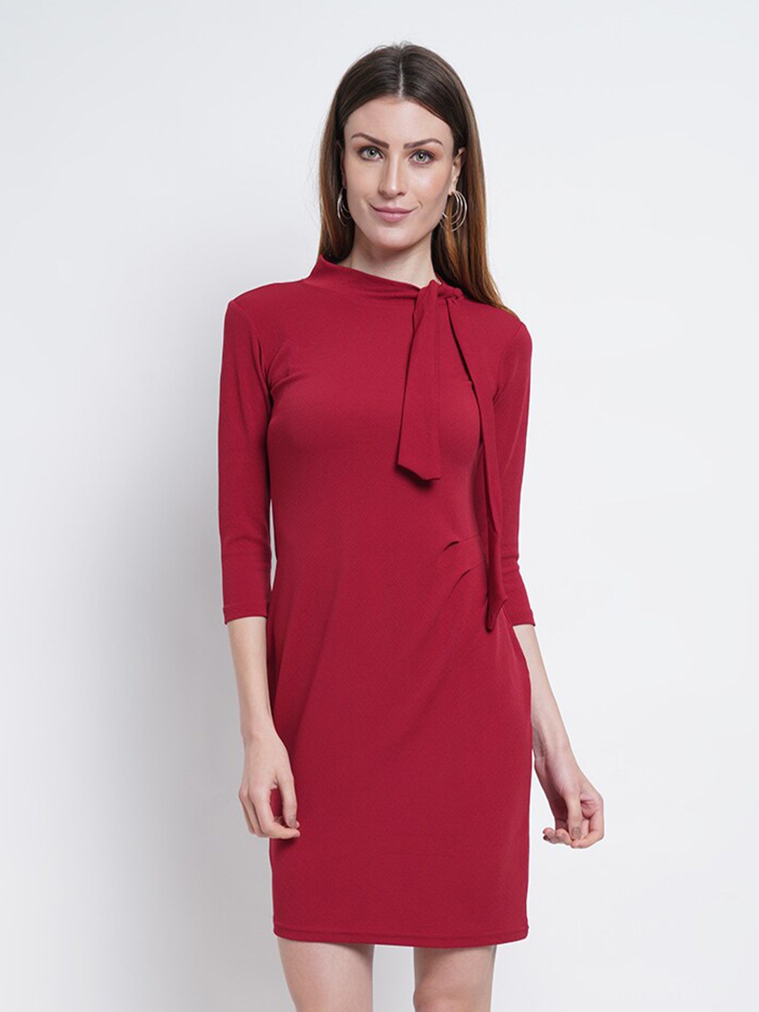 

Purple State Maroon Tie-Up Neck Sheath Dress
