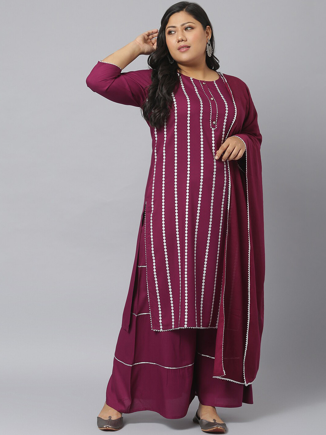 

Stylum Women Purple Striped Straight Kurta with Sharara & Dupatta