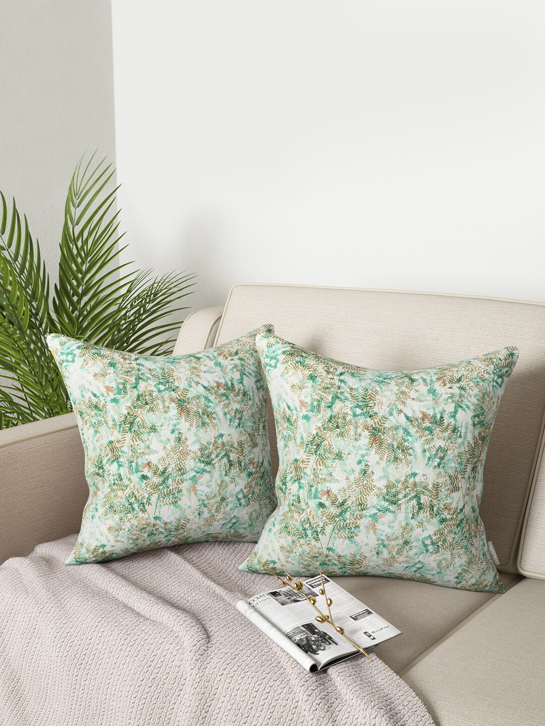 

PETAL HOME Set of 2 Floral Square Cushion Covers, Green