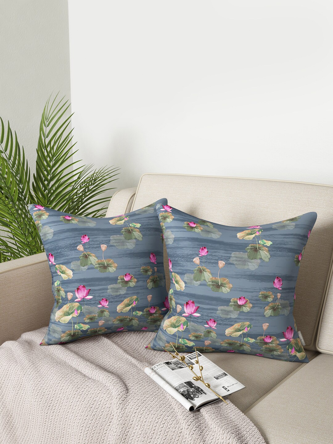 

PETAL HOME Set of 2 Floral Square Cushion Covers, Blue