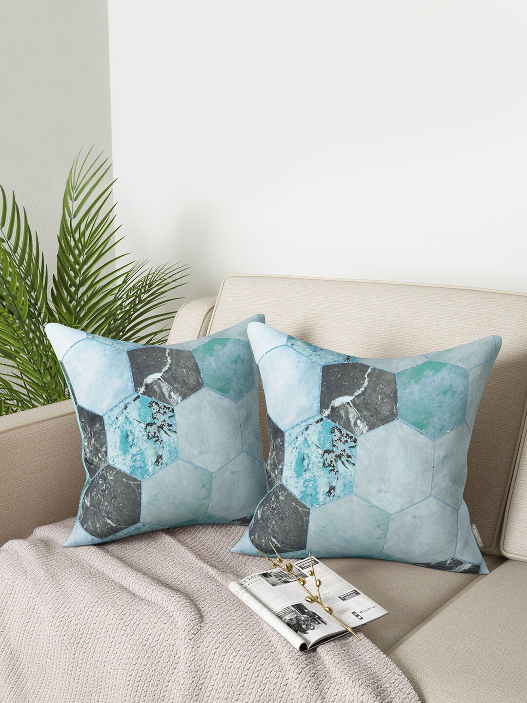 

PETAL HOME Set Of 2 Teal Geometric Printed Textured Square Cushion Covers