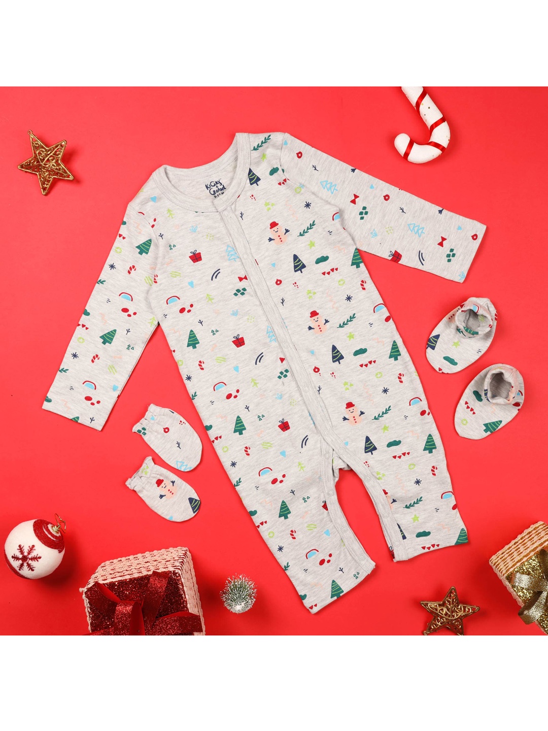 

KICKS & CRAWL Unisex Kids Grey Christmas Cheer Romper, Mittens & Booties Set