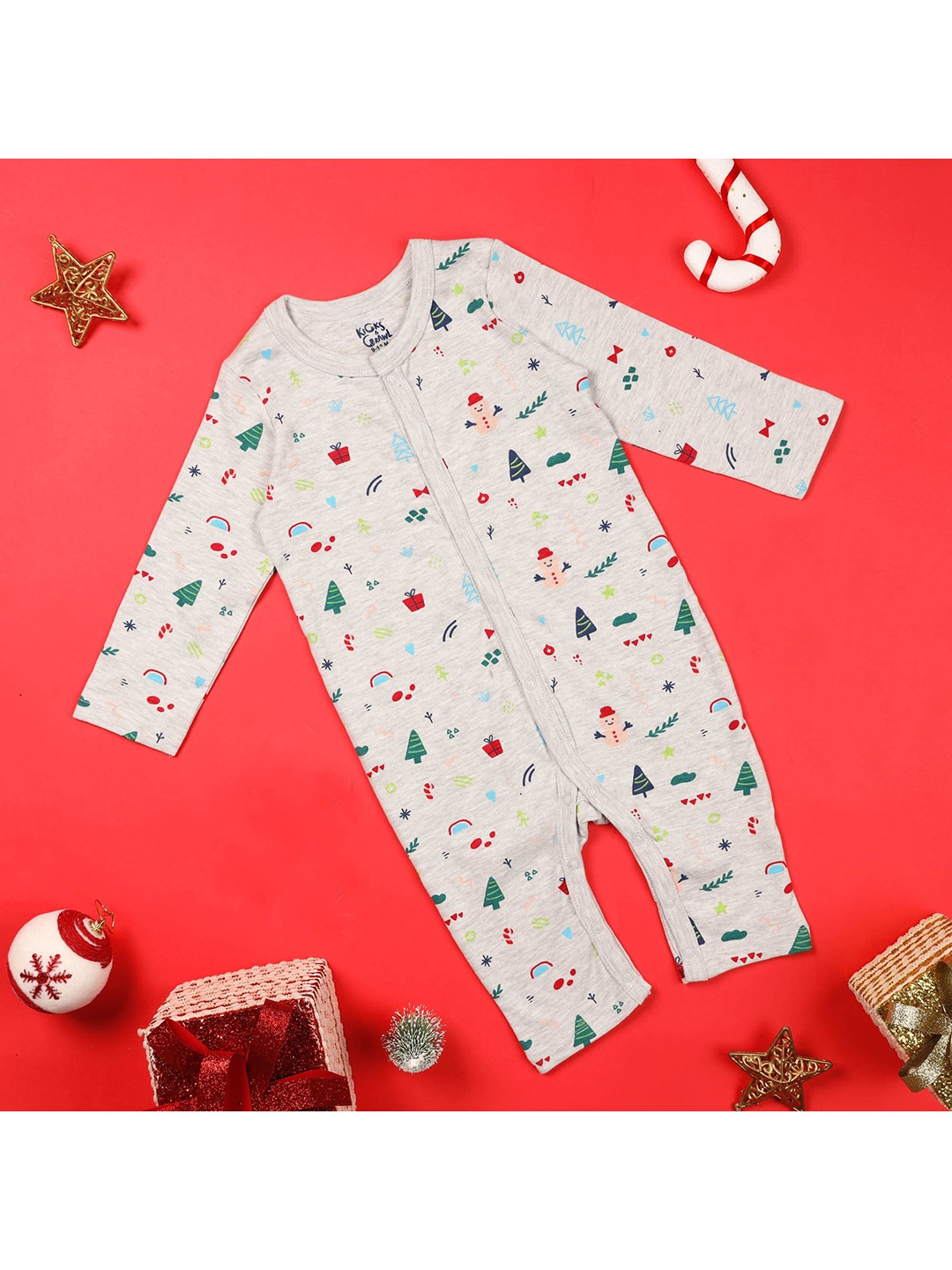 

KICKS & CRAWL Infant Kids Grey & Red Printed Cotton Rompers