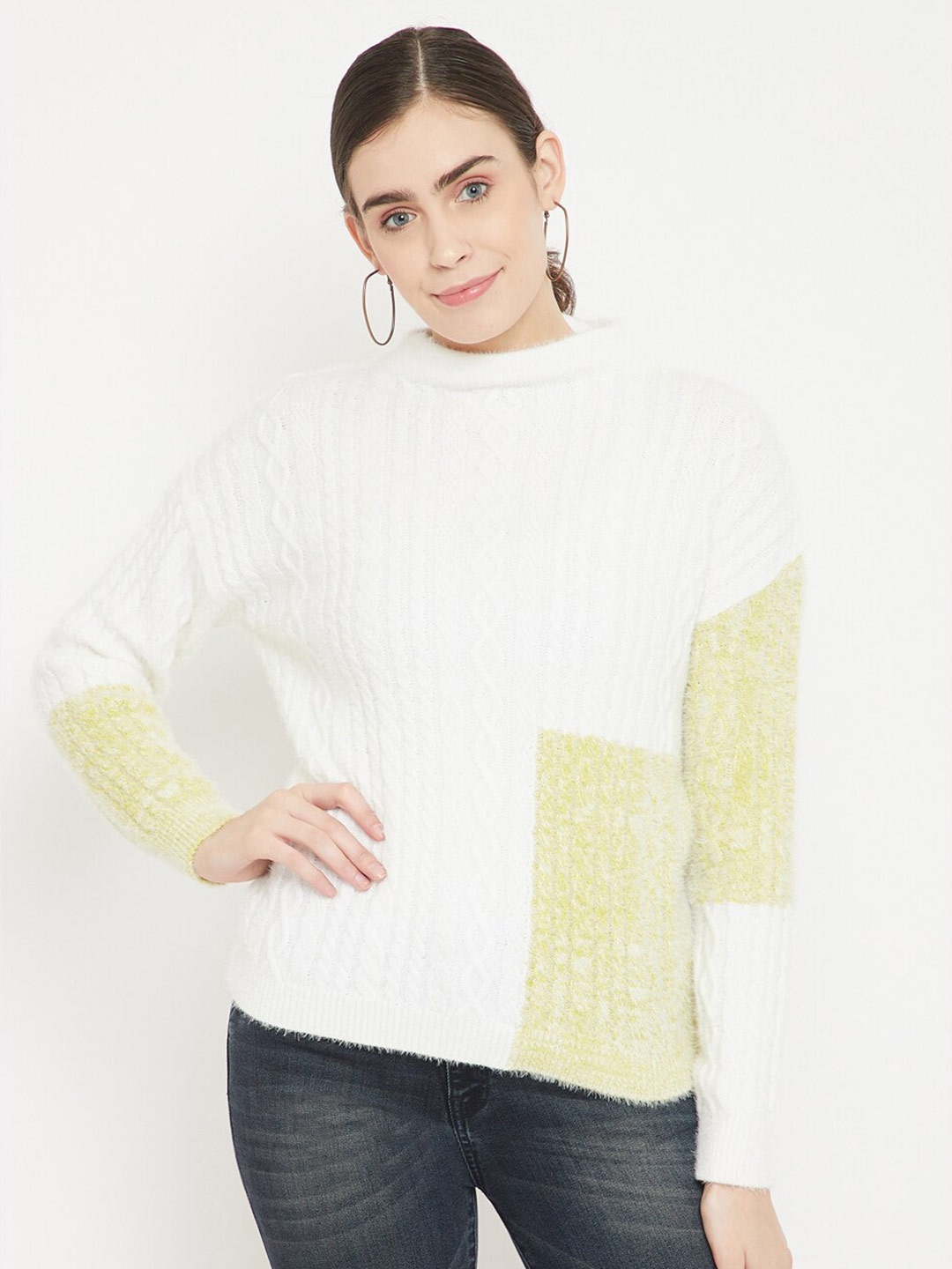 

Madame Women Off White & Yellow Cable Knit Woolen Pullover