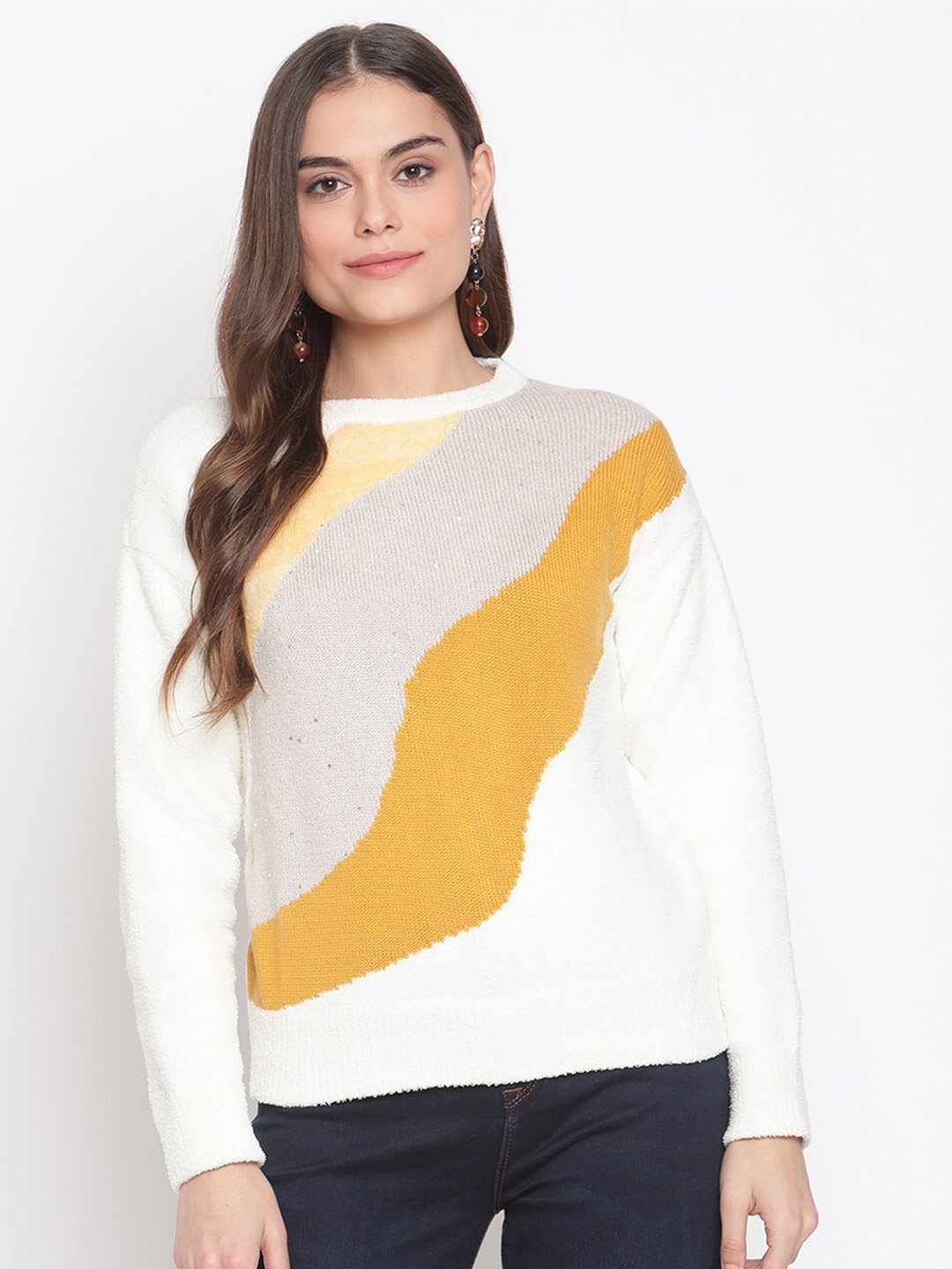 

Madame Women Off White & Yellow Colourblocked Pullover