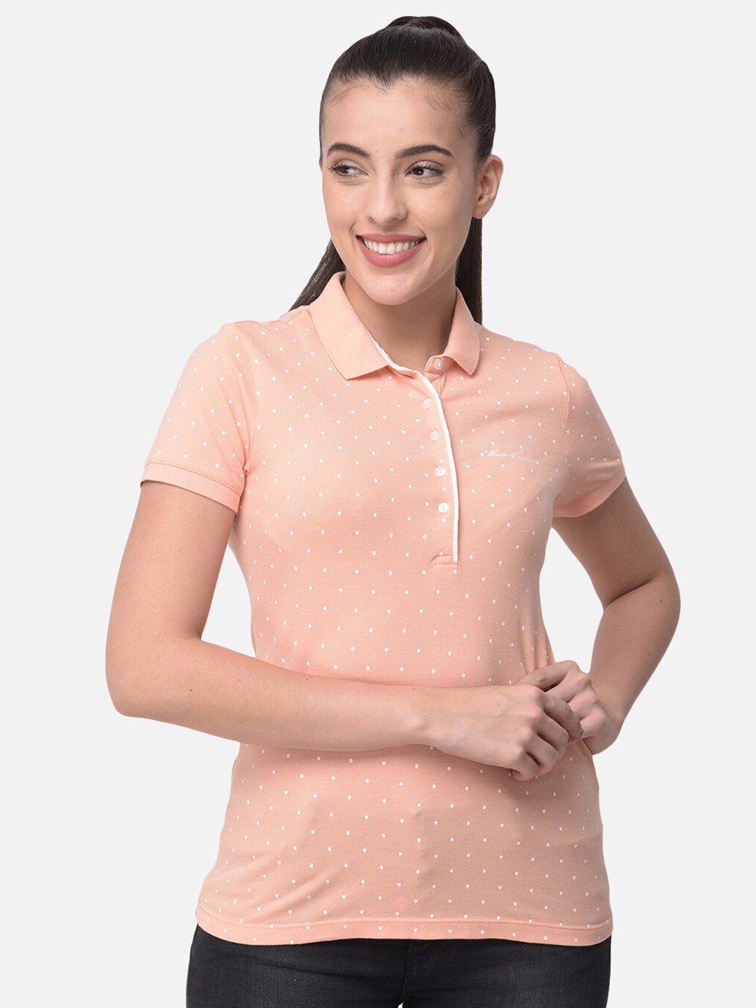 

Woods Women Peach-Coloured & White Printed Polo Collar T-shirt