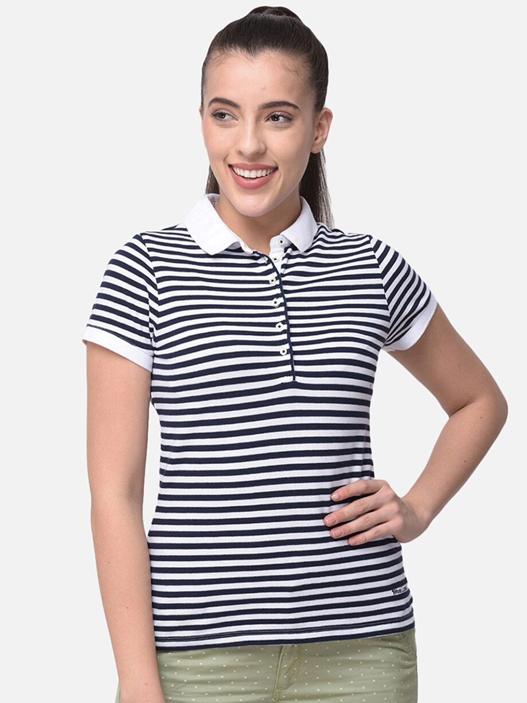 

Woods Women Blue Striped Polo Collar T-shirt