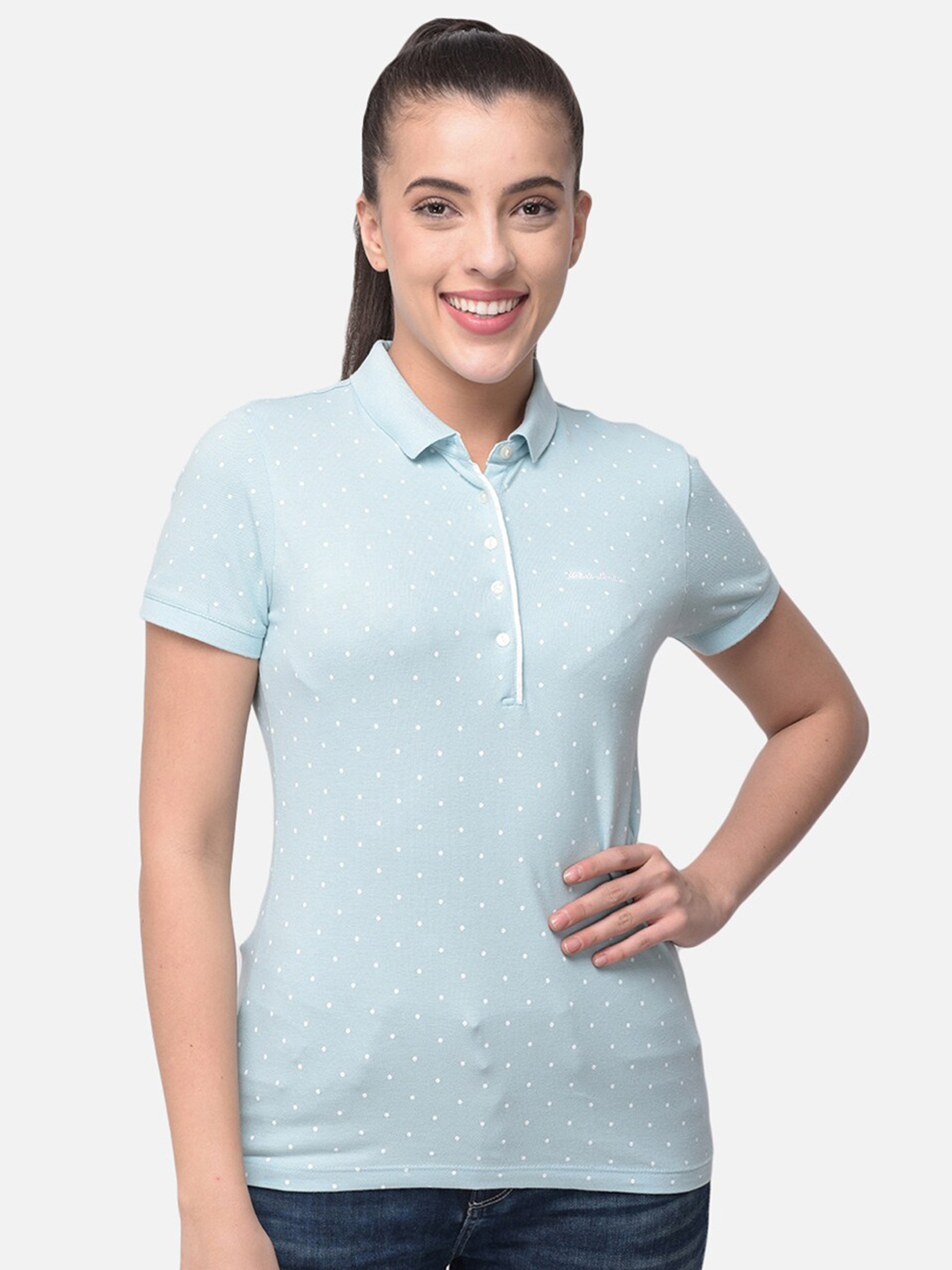 

Woods Women Blue Polo Collar Pockets T-shirt