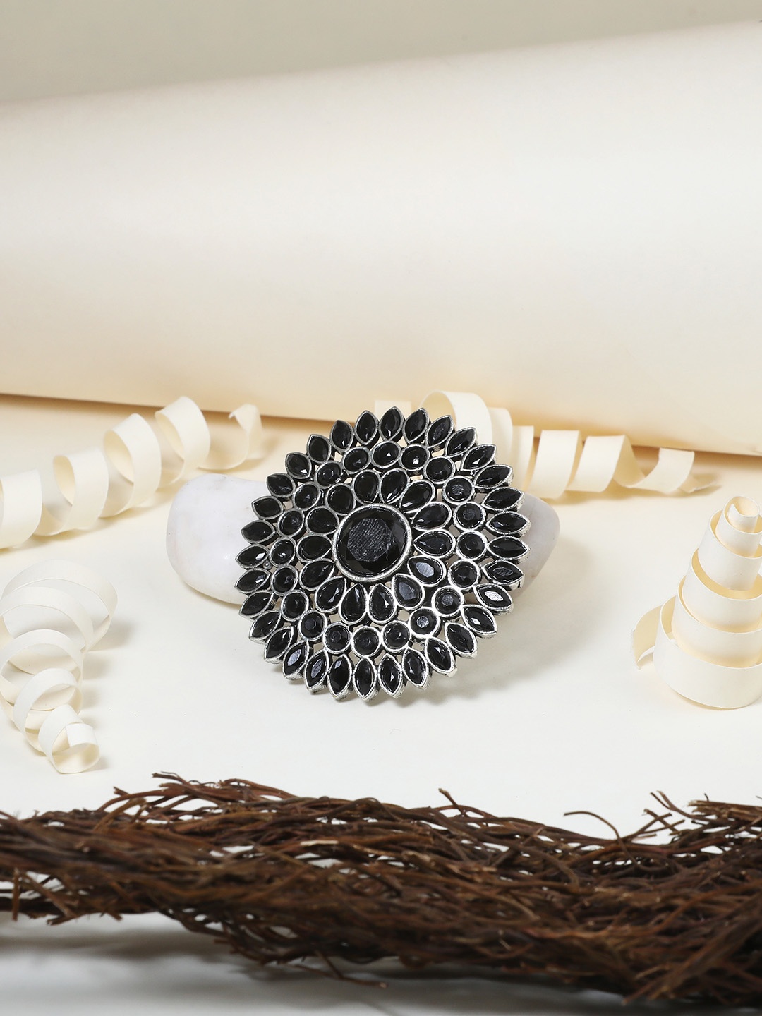 

Adwitiya Collection Silver-Plated & Black Studded Adjustable Ring