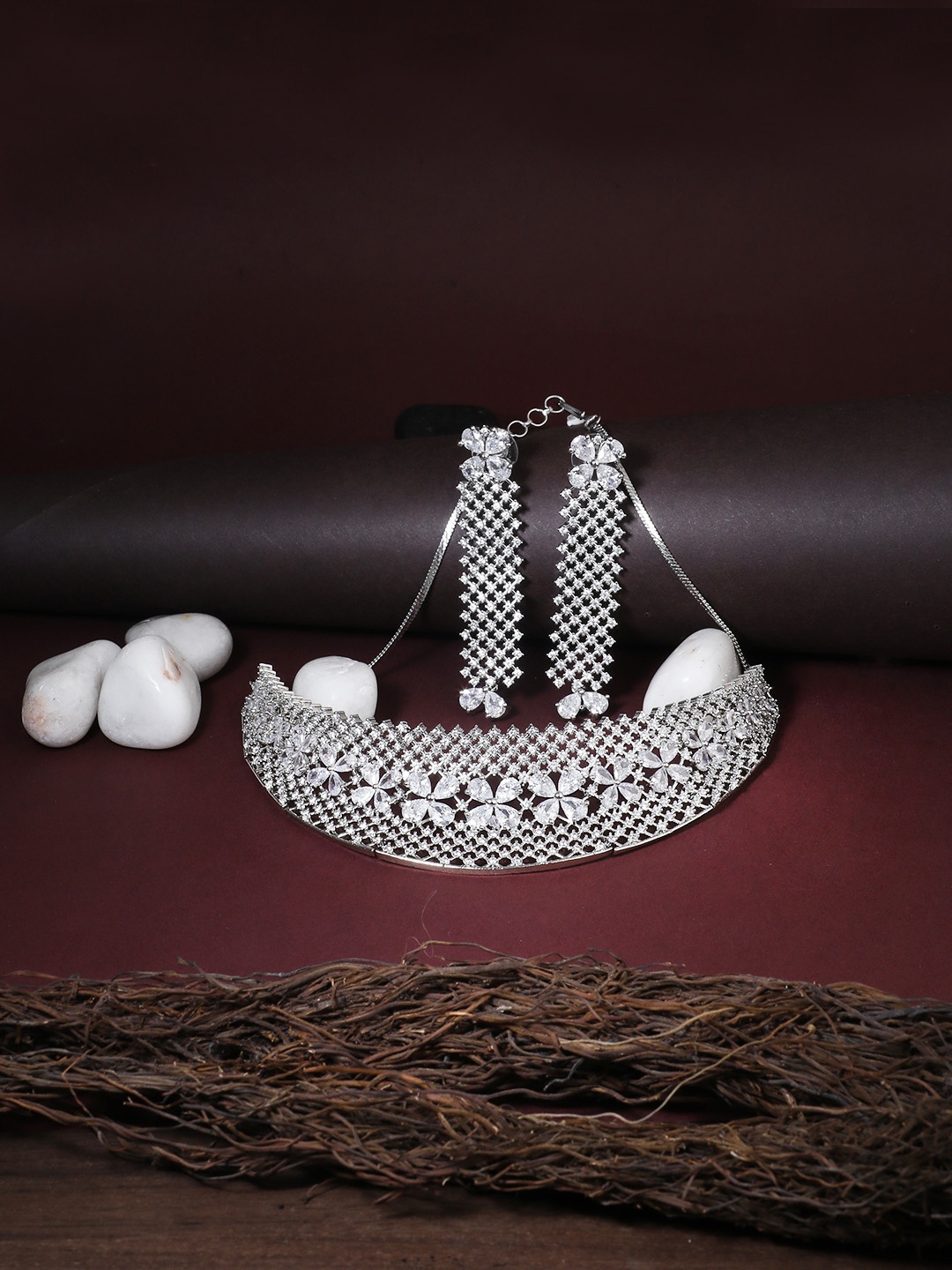 

Adwitiya Collection Silver-Toned Rhodium Plated CZ Studded Choker Jewellery Set