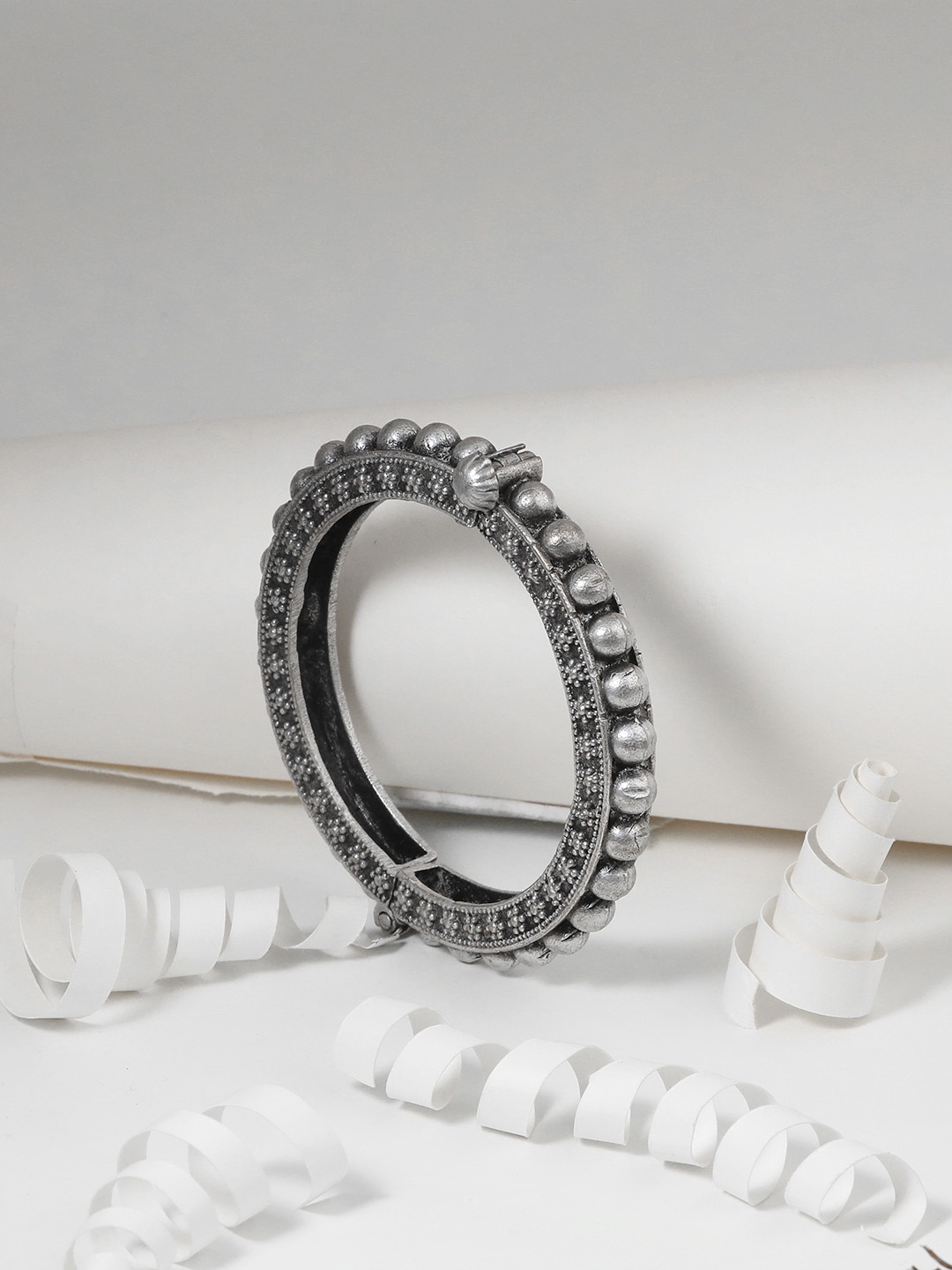 

Adwitiya Collection Oxidised Silver-Plated Beaded Handcrafted Bangle